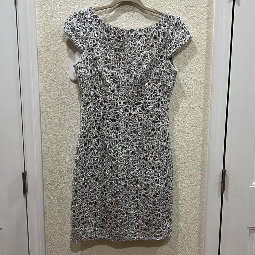 Adrienne Papell Silver Sequined Lace Mini Dress
